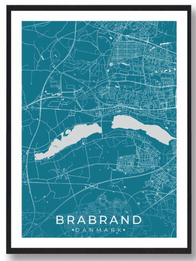 Brabrand bykort i stilrent plakat design. Denne Brabrand byplakat er med blå baggrund og viser Brabrand kortet fra sin smukkeste side