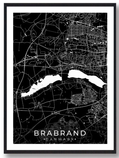 Brabrand bykort i stilrent plakat design. Denne Brabrand byplakat er med sort baggrund og viser Brabrand kortet fra sin smukkeste side