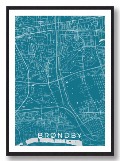 Brøndby bykort i stilrent plakat design. Denne Brøndby byplakat er med blå baggrund og viser Brøndby kortet fra sin smukkeste side