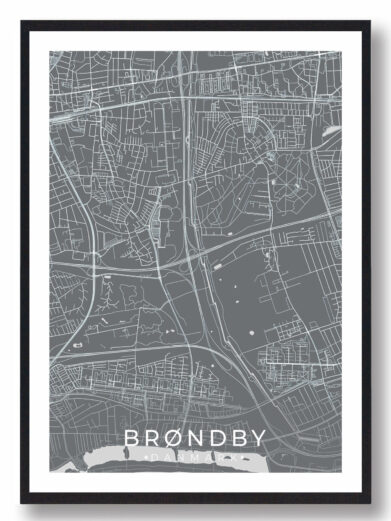 Brøndby bykort i stilrent plakat design. Denne Brøndby byplakat er med grå baggrund og viser Brøndby kortet fra sin smukkeste side