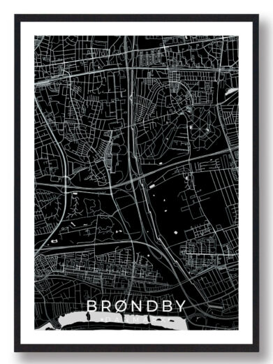 Brøndby bykort i stilrent plakat design. Denne Brøndby byplakat er med sort baggrund og viser Brøndby kortet fra sin smukkeste side
