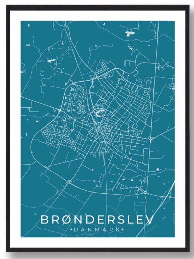 Brønderslev bykort i stilrent plakat design. Denne Brønderslev byplakat er med blå baggrund og viser Brønderslev kortet fra sin smukkeste side