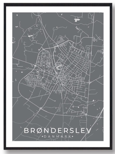 Brønderslev bykort i stilrent plakat design. Denne Brønderslev byplakat er med grå baggrund og viser Brønderslev kortet fra sin smukkeste side