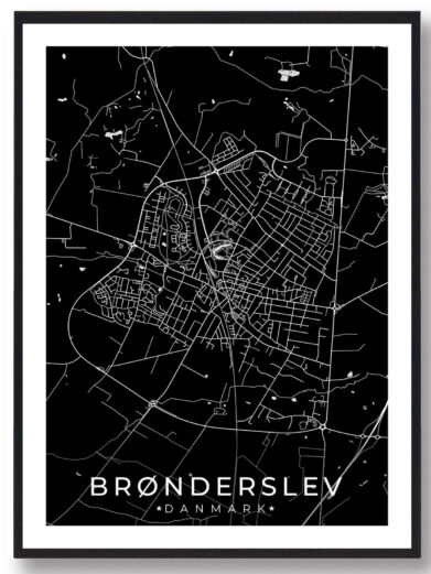 Brønderslev bykort i stilrent plakat design. Denne Brønderslev byplakat er med sort baggrund og viser Brønderslev kortet fra sin smukkeste side