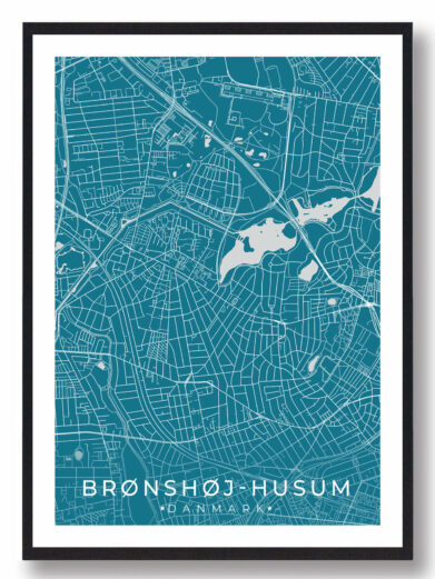 Brønshøj-Husum bykort i stilrent plakat design. Denne Brønshøj-Husum byplakat er med blå baggrund og viser Brønshøj-Husum kortet fra sin smukkeste side