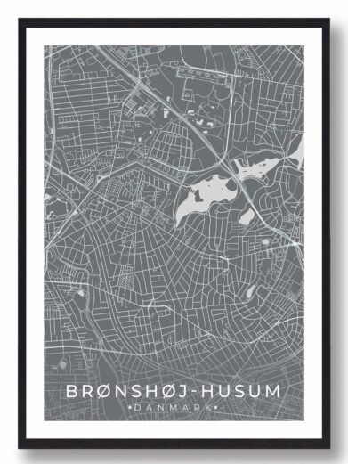 Brønshøj-Husum bykort i stilrent plakat design. Denne Brønshøj-Husum byplakat er med grå baggrund og viser Brønshøj-Husum kortet fra sin smukkeste side