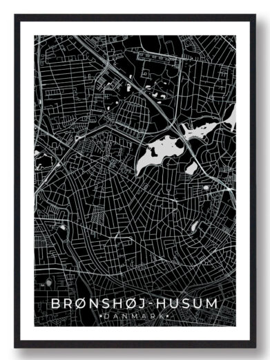 Brønshøj-Husum bykort i stilrent plakat design. Denne Brønshøj-Husum byplakat er med sort baggrund og viser Brønshøj-Husum kortet fra sin smukkeste side
