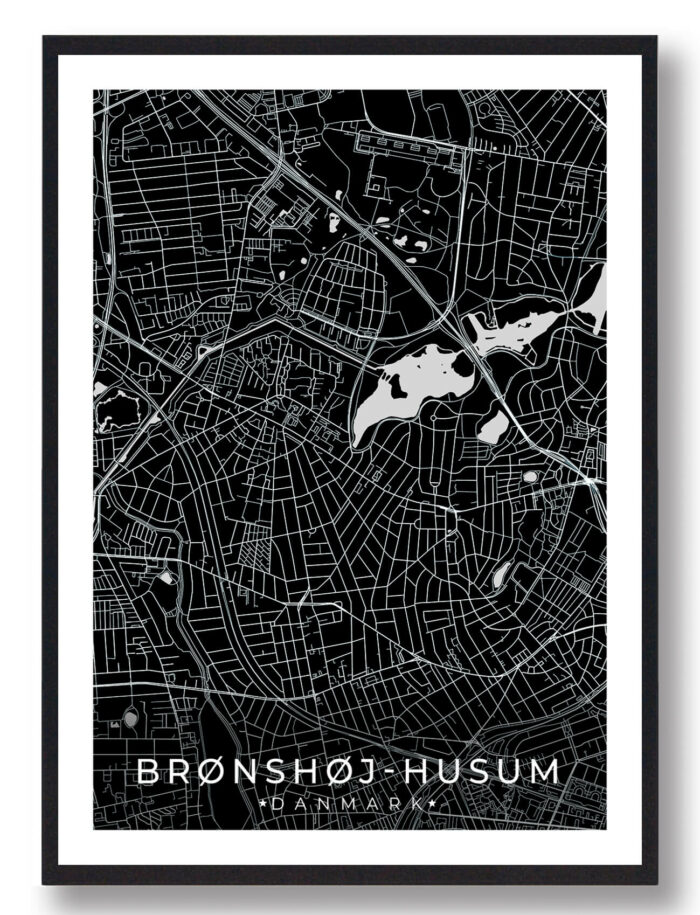 Brønshøj-Husum bykort i stilrent plakat design. Denne Brønshøj-Husum byplakat er med sort baggrund og viser Brønshøj-Husum kortet fra sin smukkeste side
