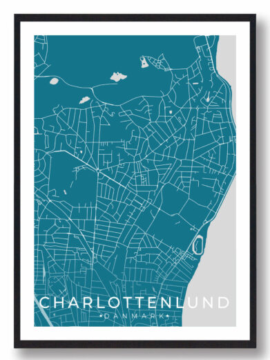 Charlottenlund bykort i stilrent plakat design. Denne Charlottenlund byplakat er med blå baggrund og viser Charlottenlund kortet fra sin smukkeste side