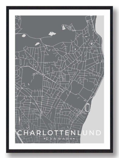 Charlottenlund bykort i stilrent plakat design. Denne Charlottenlund byplakat er med grå baggrund og viser Charlottenlund kortet fra sin smukkeste side