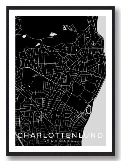 Charlottenlund bykort i stilrent plakat design. Denne Charlottenlund byplakat er med sort baggrund og viser Charlottenlund kortet fra sin smukkeste side