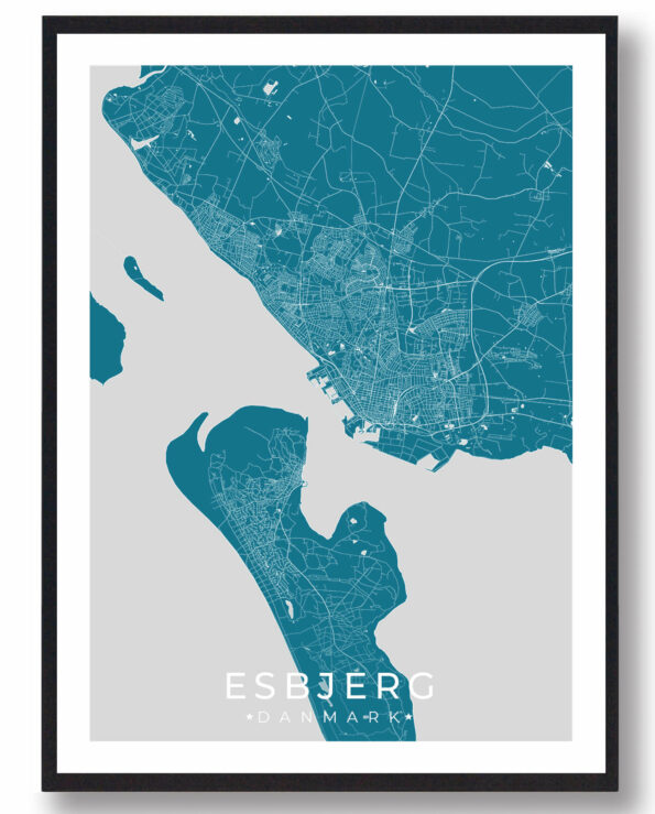 Esbjerg bykort i stilrent plakat design. Denne Esbjerg byplakat er med blå baggrund og viser Esbjerg kortet fra sin smukkeste side