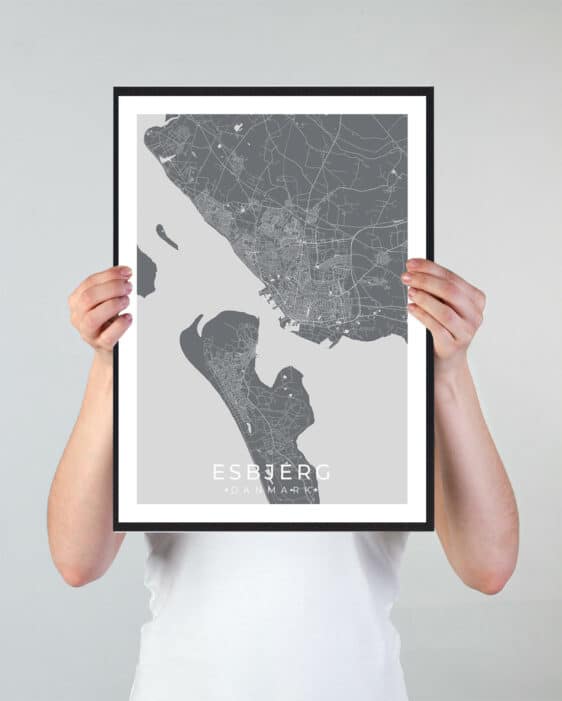 Esbjerg bykort i stilrent plakat design. Denne Esbjerg byplakat er med grå baggrund og viser Esbjerg kortet fra sin smukkeste side