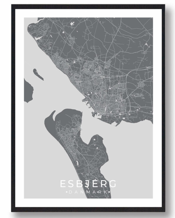 Esbjerg bykort i stilrent plakat design. Denne Esbjerg byplakat er med grå baggrund og viser Esbjerg kortet fra sin smukkeste side