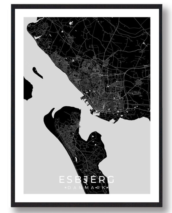 Esbjerg bykort i stilrent plakat design. Denne Esbjerg byplakat er med sort baggrund og viser Esbjerg kortet fra sin smukkeste side