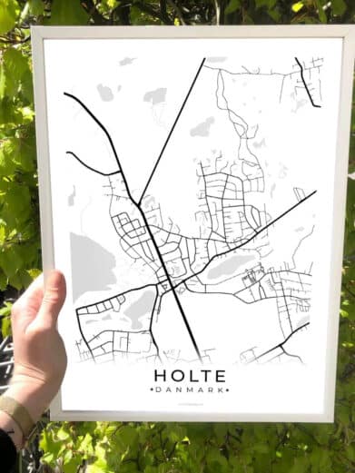 Hvid Herlev by plakat med kort over byen, sorte linjer på hvid baggrund i en hvid ramme. Flot grafisk design.
