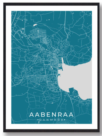 Aabenraa bykort i stilrent plakat design. Denne Aabenraa byplakat er med blå baggrund og viser Aabenraa kortet fra sin smukkeste side
