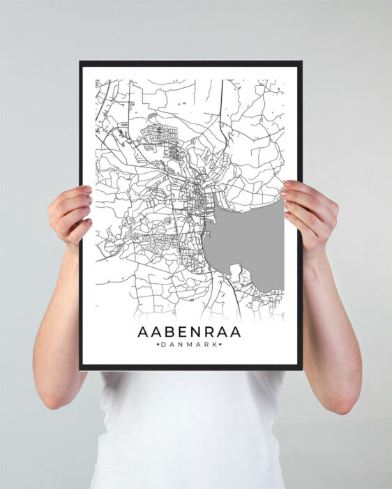 Aabenraa bykort i stilrent plakat design. Denne Aabenraa byplakat er med hvid baggrund og viser Aabenraa kortet fra sin smukkeste side
