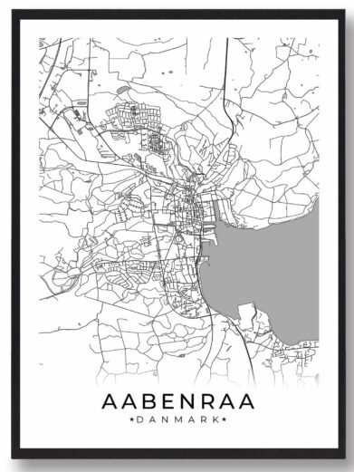 Aabenraa bykort i stilrent plakat design. Denne Aabenraa byplakat er med hvid baggrund og viser Aabenraa kortet fra sin smukkeste side
