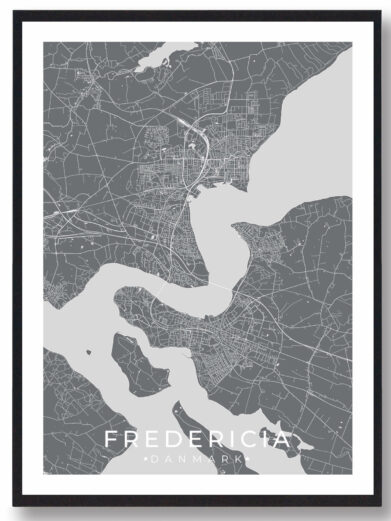 Fredericia bykort i stilrent plakat design. Denne Fredericia byplakat er med grå baggrund og viser Fredericia kortet fra sin smukkeste side