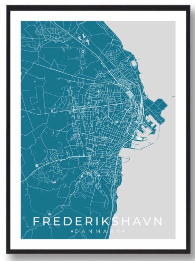 Frederikshavn bykort i stilrent plakat design. Denne Frederikshavn byplakat er med blå baggrund og viser Frederikshavn kortet fra sin smukkeste side