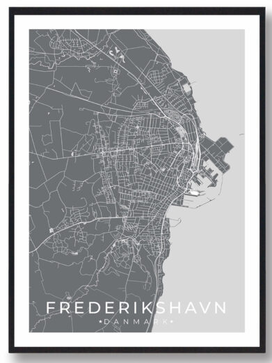 Frederikshavn bykort i stilrent plakat design. Denne Frederikshavn byplakat er med grå baggrund og viser Frederikshavn kortet fra sin smukkeste side