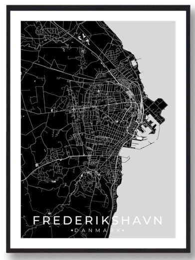 Frederikshavn bykort i stilrent plakat design. Denne Frederikshavn byplakat er med sort baggrund og viser Frederikshavn kortet fra sin smukkeste side