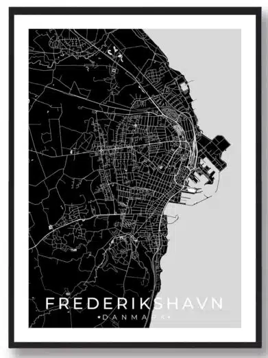 Frederikshavn bykort i stilrent plakat design. Denne Frederikshavn byplakat er med sort baggrund og viser Frederikshavn kortet fra sin smukkeste side