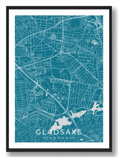 Gladsaxe bykort i stilrent plakat design. Denne Gladsaxe byplakat er med blå baggrund og viser Gladsaxe kortet fra sin smukkeste side