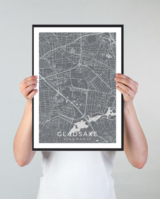 Gladsaxe bykort i stilrent plakat design. Denne Gladsaxe byplakat er med grå baggrund og viser Gladsaxe kortet fra sin smukkeste side