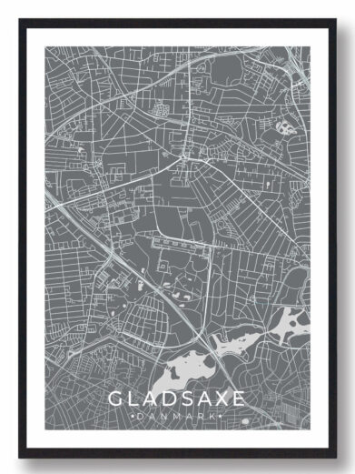 Gladsaxe bykort i stilrent plakat design. Denne Gladsaxe byplakat er med grå baggrund og viser Gladsaxe kortet fra sin smukkeste side