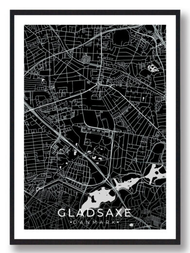 Gladsaxe bykort i stilrent plakat design. Denne Gladsaxe byplakat er med sort baggrund og viser Gladsaxe kortet fra sin smukkeste side