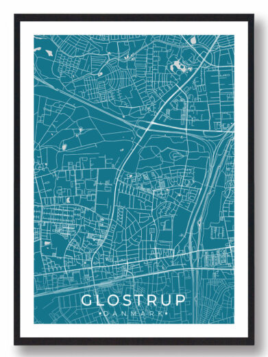 Glostrup bykort i stilrent plakat design. Denne Glostrup byplakat er med blå baggrund og viser Glostrup kortet fra sin smukkeste side