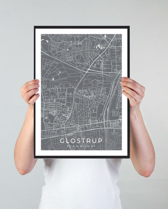 Glostrup bykort i stilrent plakat design. Denne Glostrup byplakat er med grå baggrund og viser Glostrup kortet fra sin smukkeste side