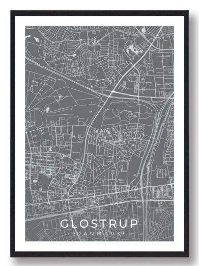 Glostrup bykort i stilrent plakat design. Denne Glostrup byplakat er med grå baggrund og viser Glostrup kortet fra sin smukkeste side