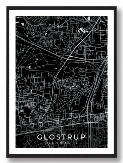 Glostrup bykort i stilrent plakat design. Denne Glostrup byplakat er med sort baggrund og viser Glostrup kortet fra sin smukkeste side