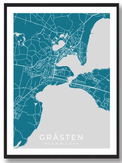 Gråsten bykort i stilrent plakat design. Denne Gråsteen byplakat er med blå baggrund og viser Gråsteen kortet fra sin smukkeste side