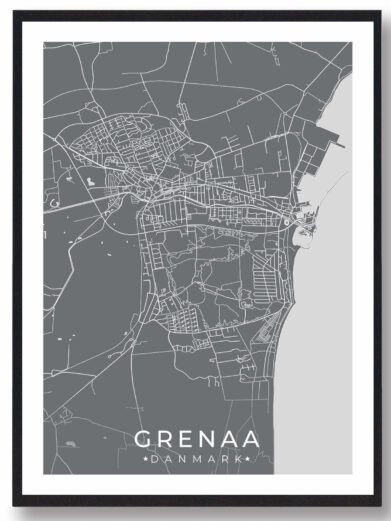 Grenaa bykort i stilrent plakat design. Denne Grenaa byplakat er med grå baggrund og viser Grenaa kortet fra sin smukkeste side