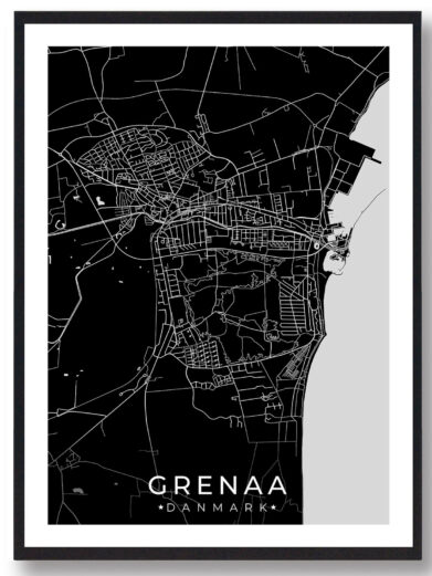 Grenaa bykort i stilrent plakat design. Denne Grenaa byplakat er med sort baggrund og viser Grenaa kortet fra sin smukkeste side