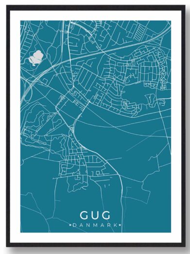 Gug bykort i stilrent plakat design. Denne Gug byplakat er med blå baggrund og viser Gug kortet fra sin smukkeste side