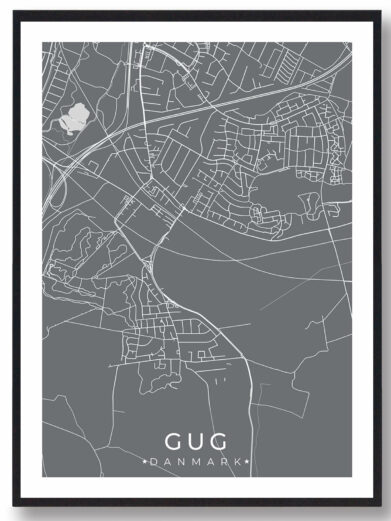 Gug bykort i stilrent plakat design. Denne Gug byplakat er med grå baggrund og viser Gug kortet fra sin smukkeste side