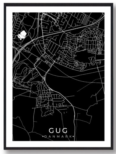Gug bykort i stilrent plakat design. Denne Gug byplakat er med sort baggrund og viser Gug kortet fra sin smukkeste side