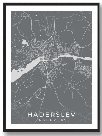 Haderslev bykort i stilrent plakat design. Denne Haderslev byplakat er med grå baggrund og viser Haderslev kortet fra sin smukkeste side