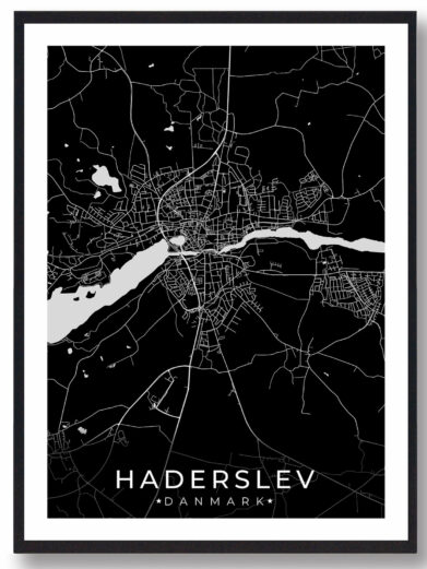 Haderslev bykort i stilrent plakat design. Denne Haderslev byplakat er med sort baggrund og viser Haderslev kortet fra sin smukkeste side