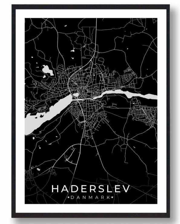 Haderslev bykort i stilrent plakat design. Denne Haderslev byplakat er med sort baggrund og viser Haderslev kortet fra sin smukkeste side