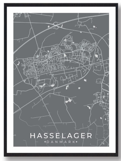 Hasselager bykort i stilrent plakat design. Denne Hasselager byplakat er med grå baggrund og viser Hasselager kortet fra sin smukkeste side