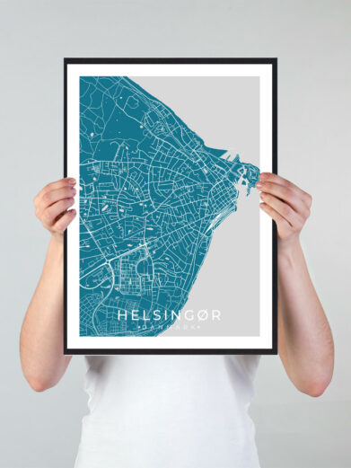 Helsingør bykort i stilrent plakat design. Denne Helsingør byplakat er med blå baggrund og viser Helsingør kortet fra sin smukkeste side