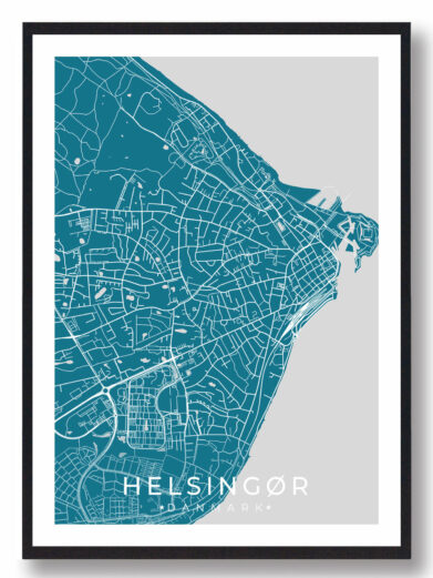 Helsingør bykort i stilrent plakat design. Denne Helsingør byplakat er med blå baggrund og viser Helsingør kortet fra sin smukkeste side