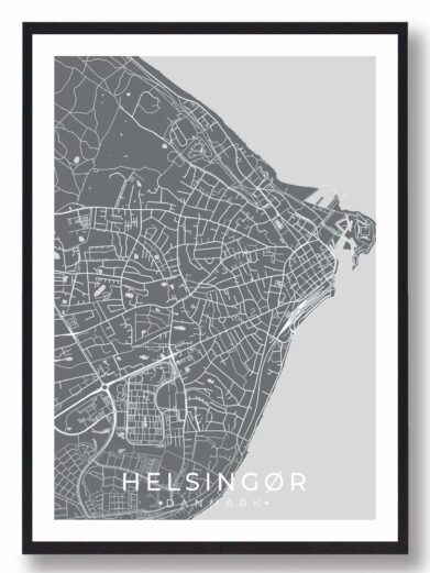 Helsingør bykort i stilrent plakat design. Denne Helsingør byplakat er med grå baggrund og viser Helsingør kortet fra sin smukkeste side