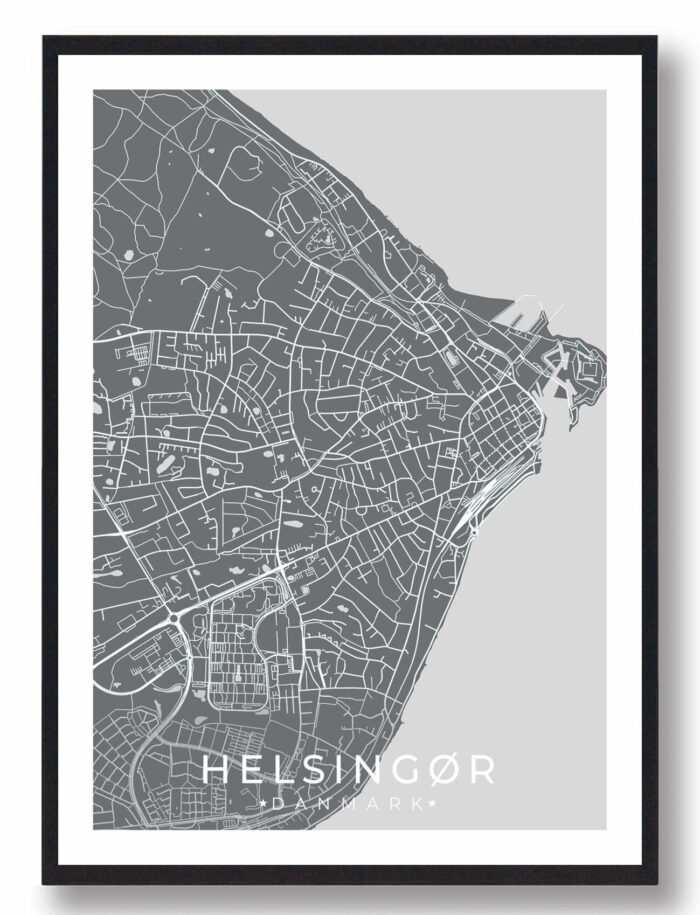 Helsingør bykort i stilrent plakat design. Denne Helsingør byplakat er med grå baggrund og viser Helsingør kortet fra sin smukkeste side